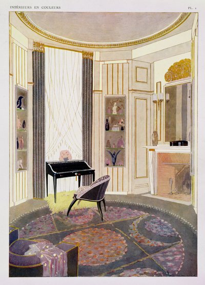 Interieur met meubels ontworpen door Ruhlmann, uit een collectie prenten uitgegeven in 4 delen door Albert Levy, ca. 1924-26 door Jacques Emile Ruhlmann